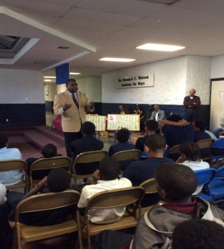 <p style="text-align:center;">Lake County Prosecutor Bernard Carter share with the 5th – 8th grade boys at Watson Academy.</p>
